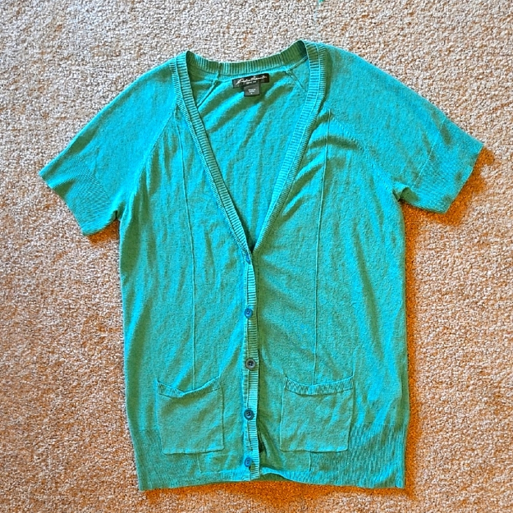 Eddie Bauer Women's Teal Blue Green Short Sleeve Sweater Shrug Cardigan Size L